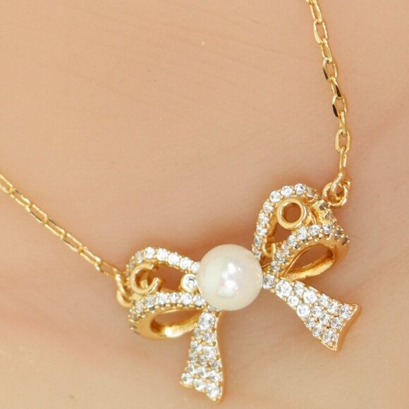 Rose Gold Bow Pendant Necklace with Pearl and Crystals , XPNL0171 - Picture 1 of 13